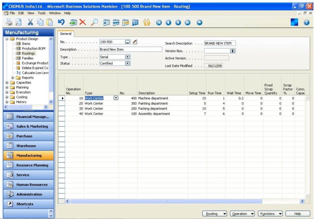 Item Routing form in Dynamics Navision