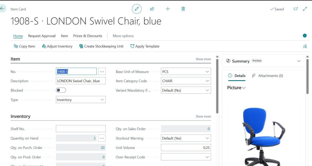 Sample Item Card in Business Central