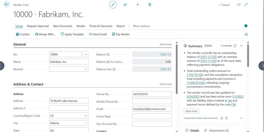Vendor Card in Business Central