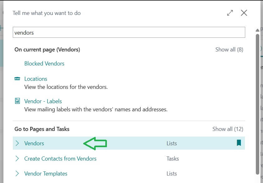 Vendor search in Dynamics BC System