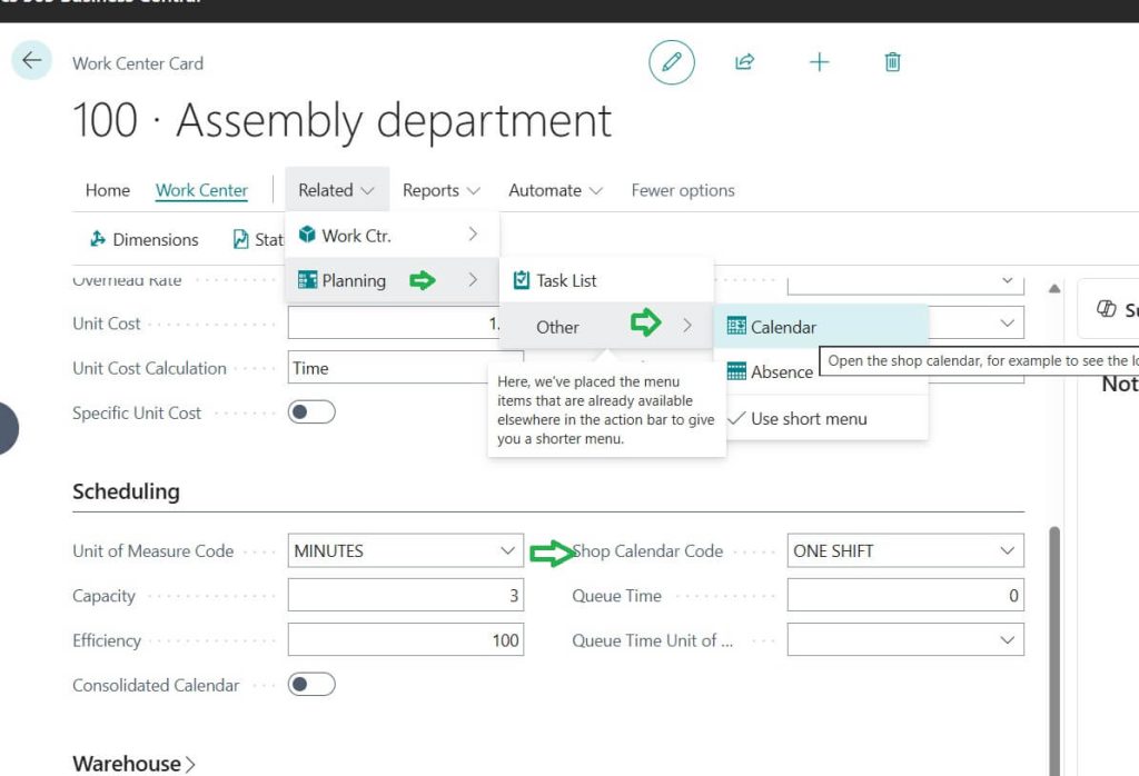 Work Center Card page in Business Central