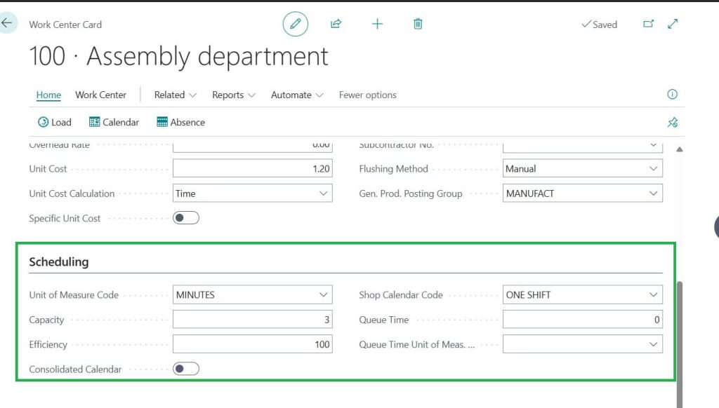 Work Center Card with Scheduling sample setup in Business Central