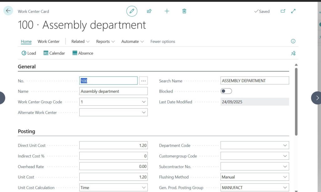 Work Center Card with setup in Business Central