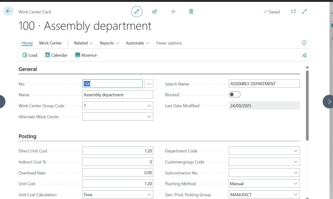 Work Center Card with setup in Business Central