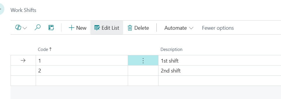 Work shift page in business Central