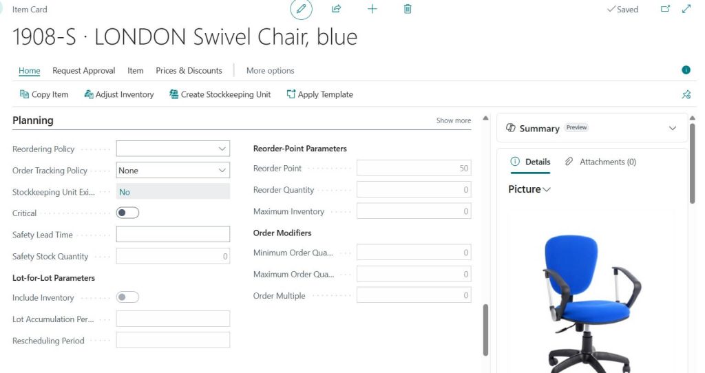 item card with Planning tab details filling new item