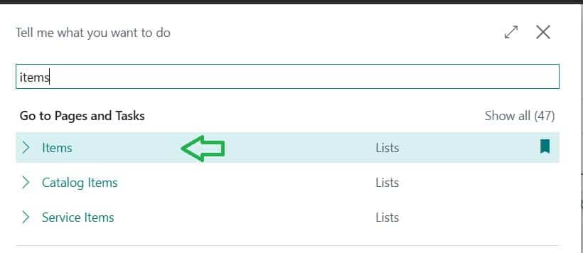 tell me search with Item list page opening in Business Central