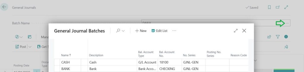 General Journals page in Business Central