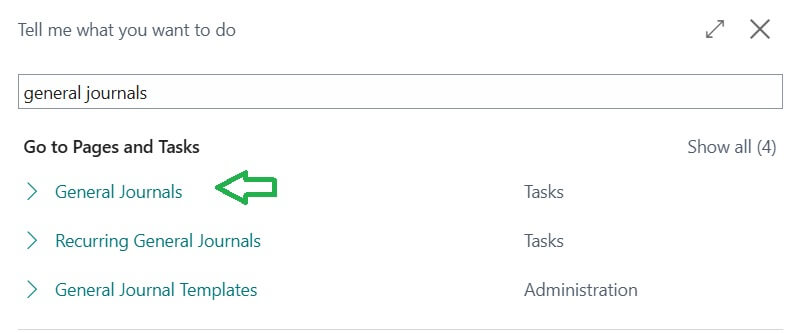 Tell me search for General Journals in Business Central