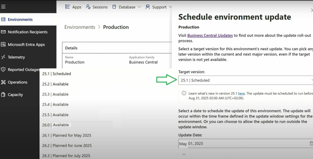 Schedule to any version update of Business Central