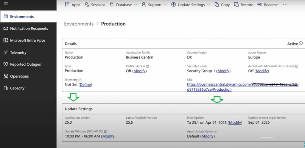 Update Settings in Business Central Admin Center