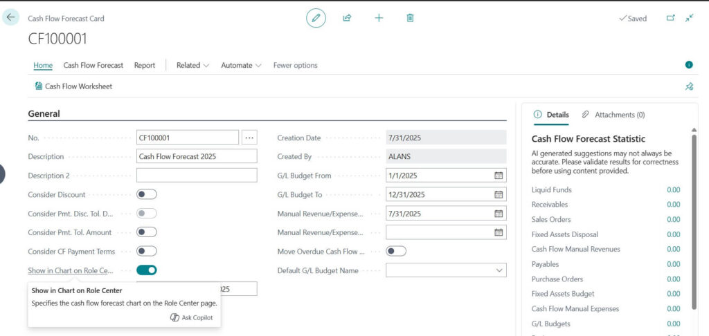 Cash Flow Forecast Manual creation option