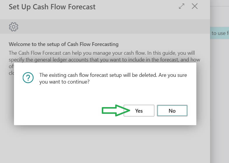 Cash flow forecast setup confirmation