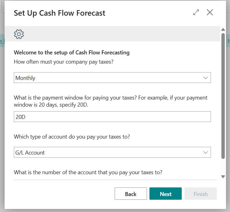 Cash flow forecast setup wizard 3 page