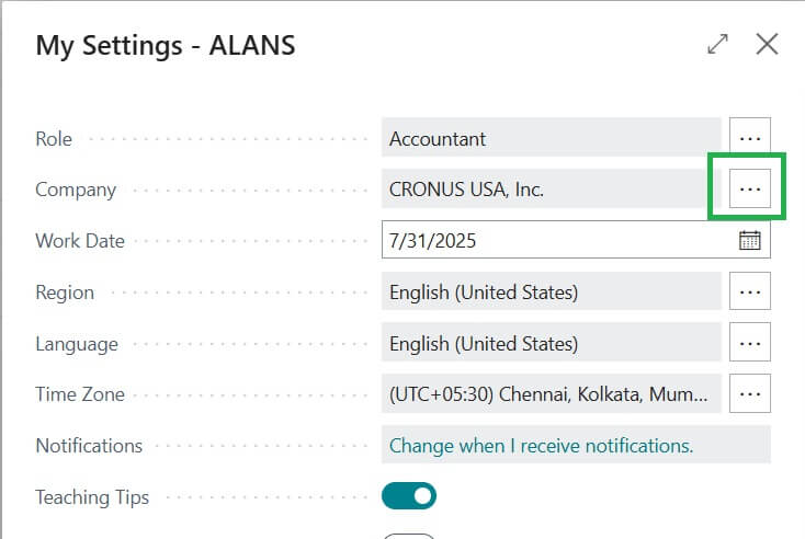 Choose Company in Business Central