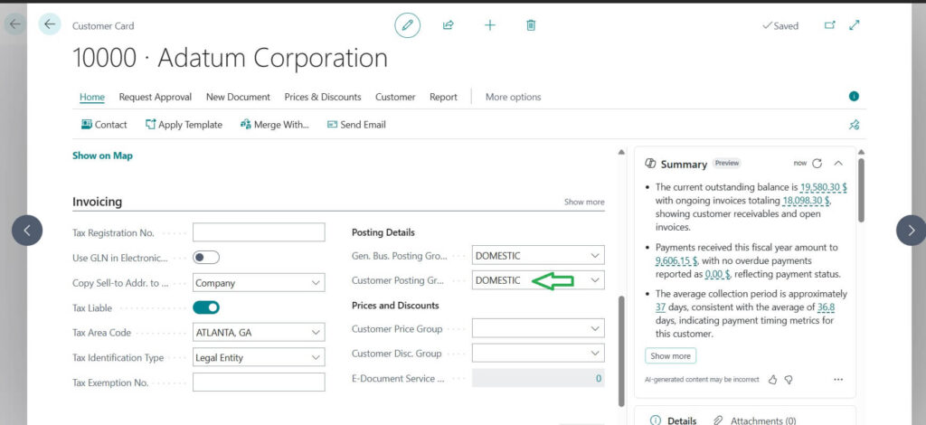 Customer card with Customer posting group selection