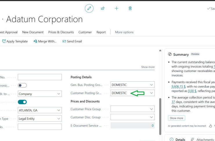 Customer card with Customer posting group selection