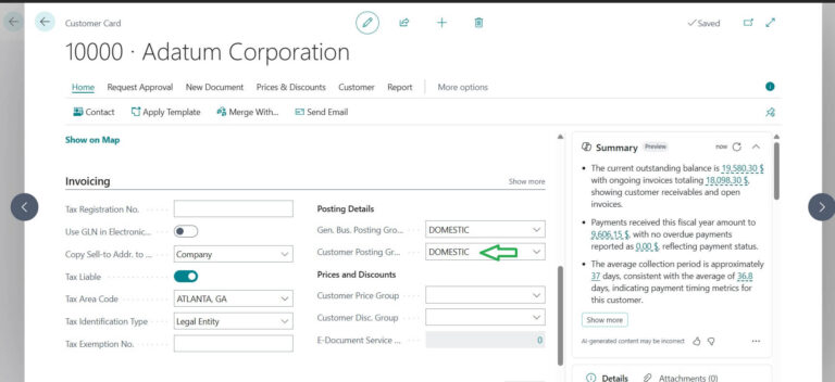 Customer card with Customer posting group selection