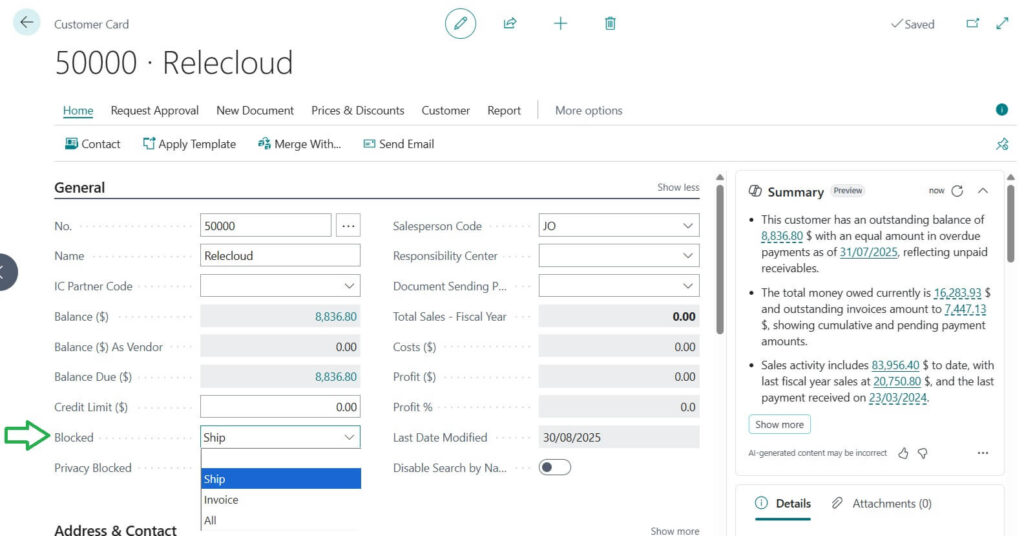 Customer card with blocked status in Business Central