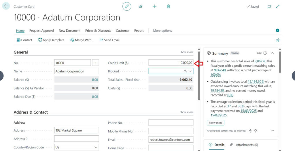 Customer card with credit limit entered field in Business central
