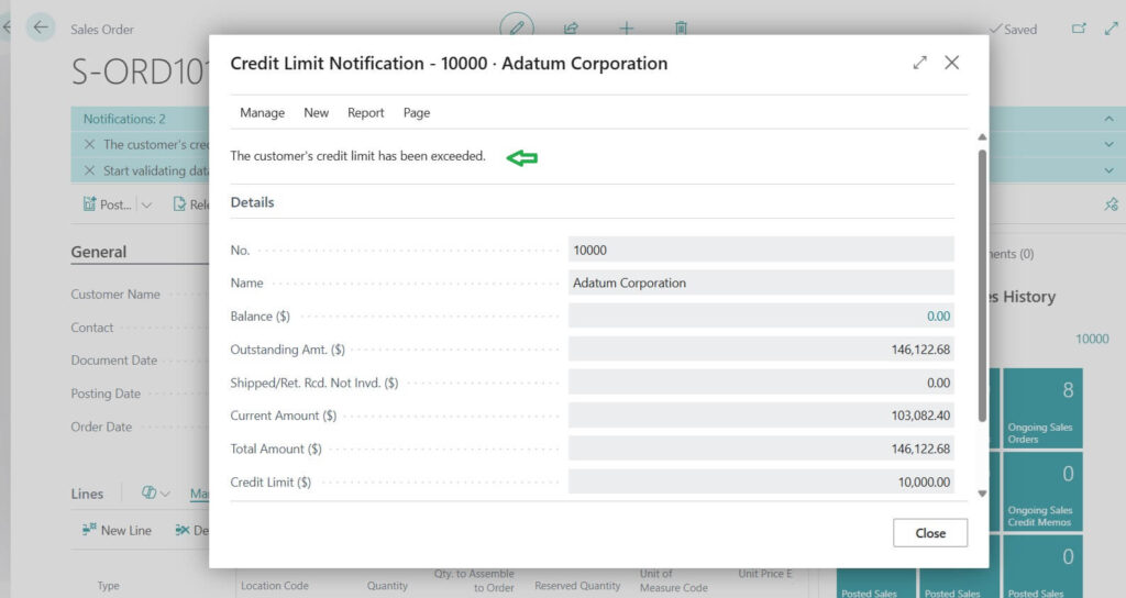 Customer credit limit exceed notification message in Business Central
