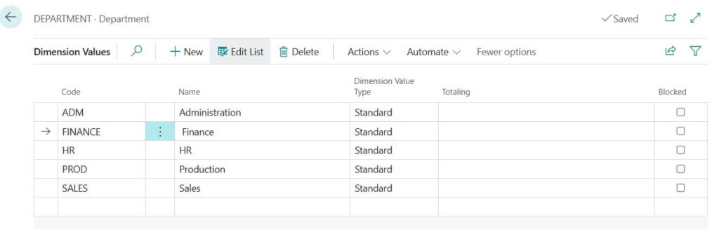Dimension values page in Business Central