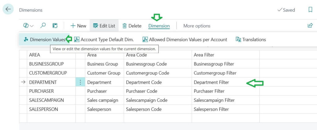 Dimensions List Page in Business Central
