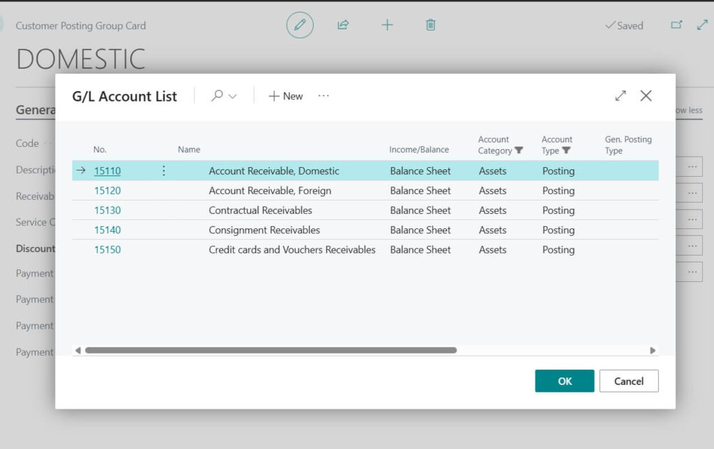 G L Account List shown in Receivables Account on customer posting group page