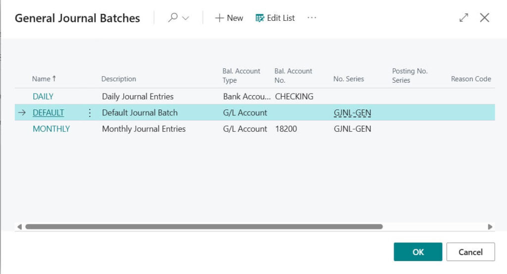 General Journal Batch Selection Page in Business Central