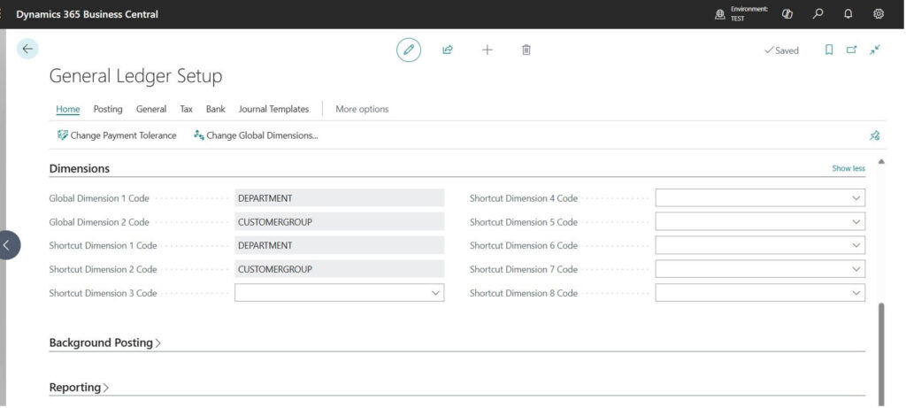 Global and Shortcut Dimensions in Business Central