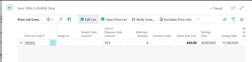 Item Purchase Price List in Business Central
