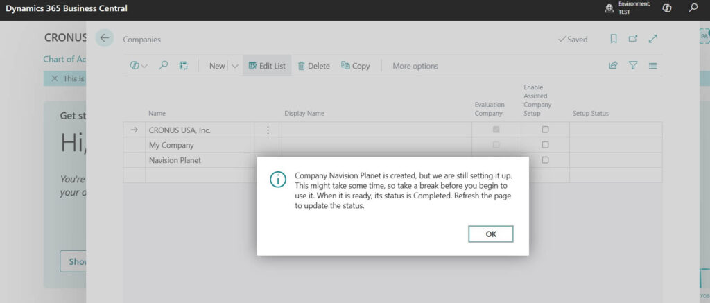 New Company Created Confirmation Message in Business Central