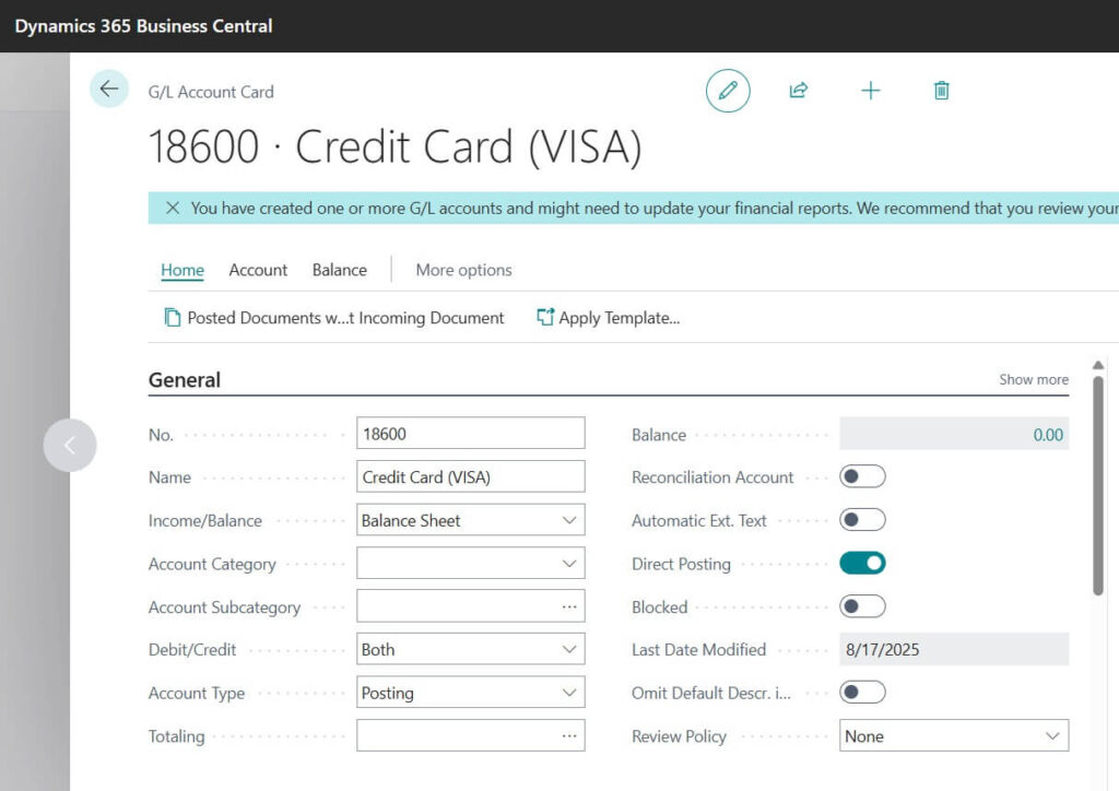New GL Account Creation Credit Card VISA