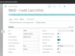 New GL Account Creation Credit Card VISA