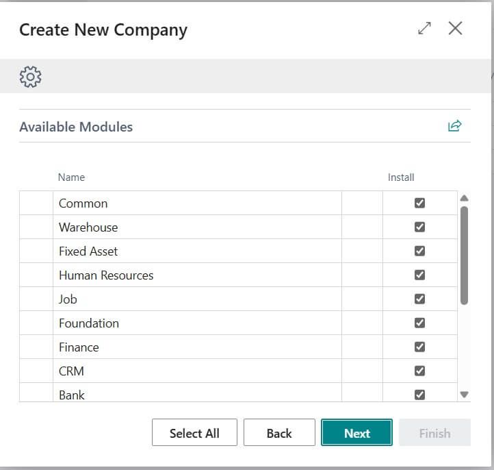 Page 3 Choose Modules in Company Creation Business central