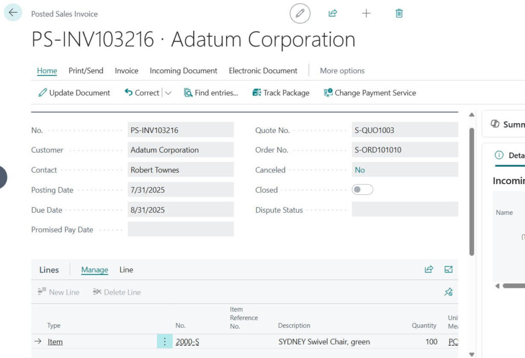 Posted Sales Invoice Document created from SO