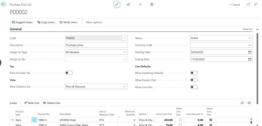 Purchase Price List in Business Central