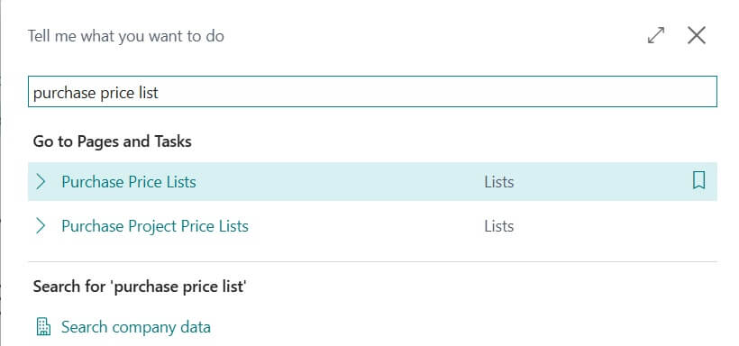 Purchase Price list tell me search in Business Central