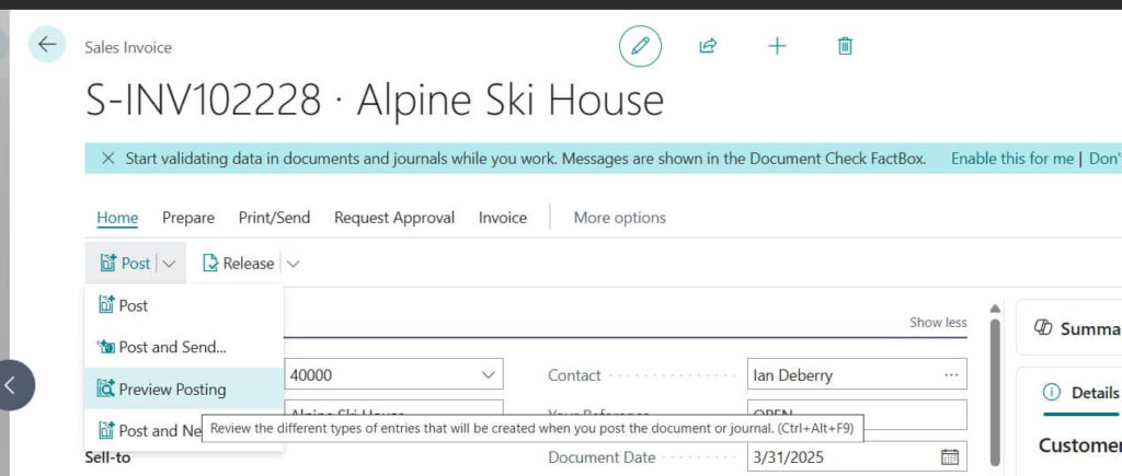 SI Preview posting to review the effective different entries post after posting