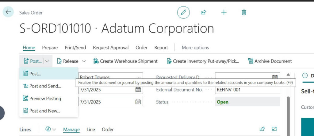 SI posting from SO document in Business central