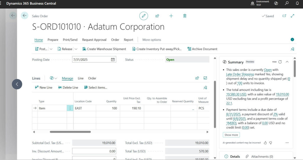 Sales Order Document after converted from SQ