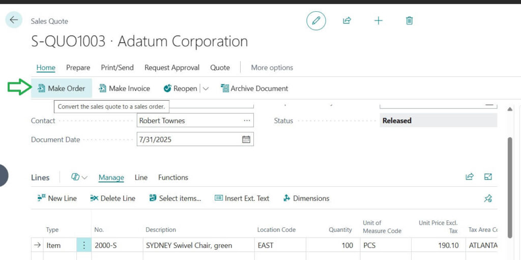 Sales Order creation from Sales Quote document