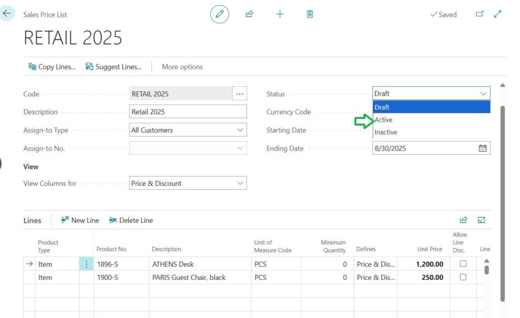Sales Price List after creating new price in Business Central