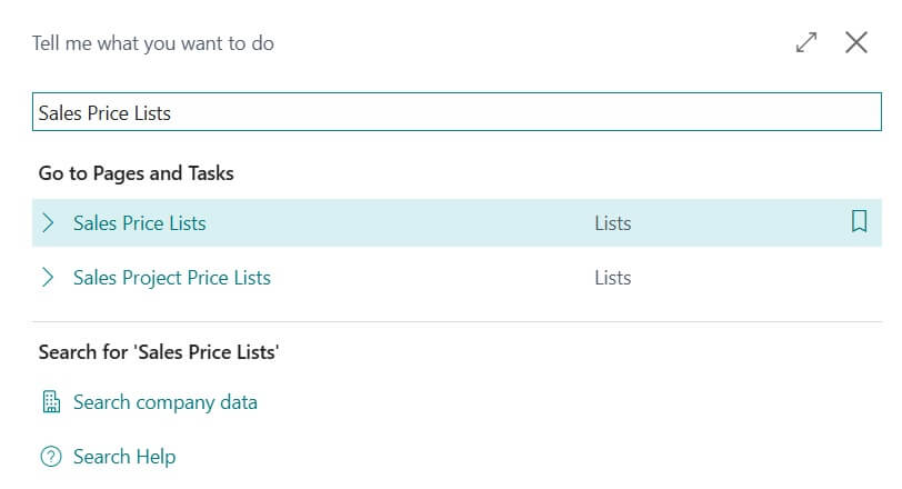 Sales Price list tell me search in Business Central