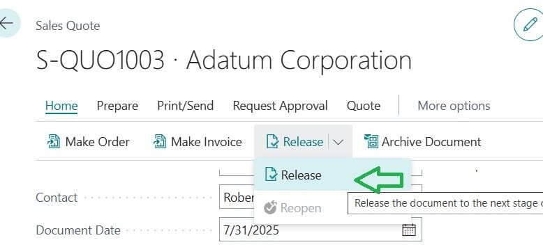 Sales Quote Release document Step in Business Central