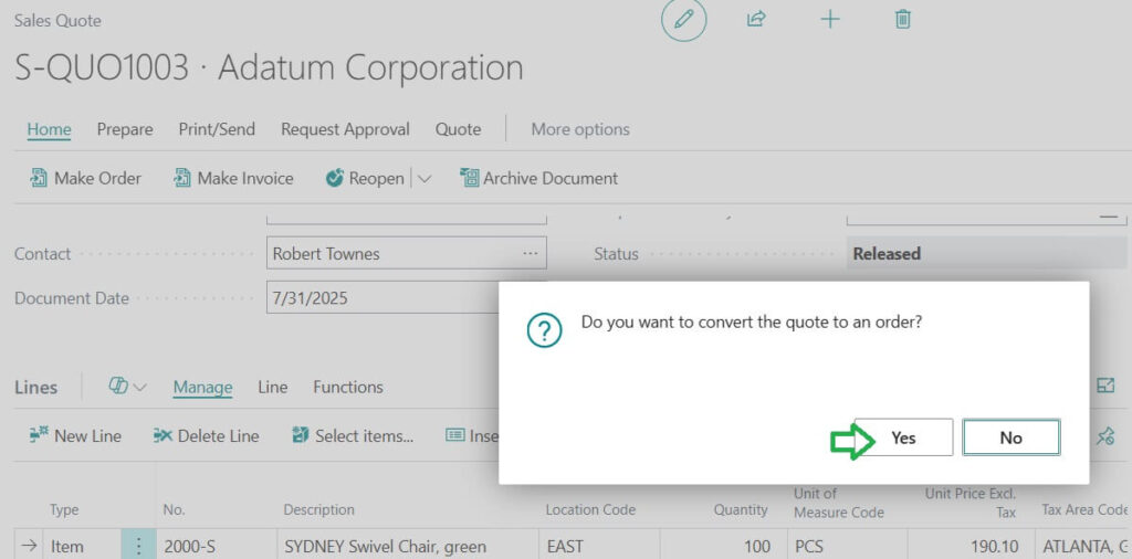 Sales Quote conversion to Sales Order confirmation message