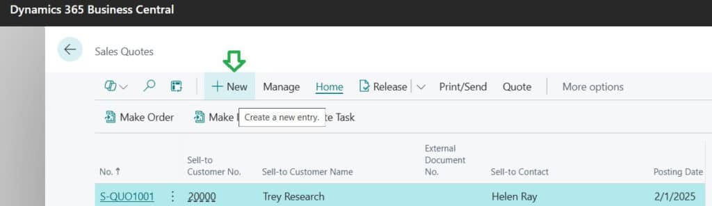 Sales Quote new document creation in Business Central