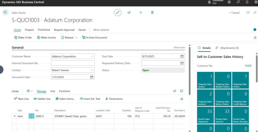 Sales Quote page after filling details in Business central ERP