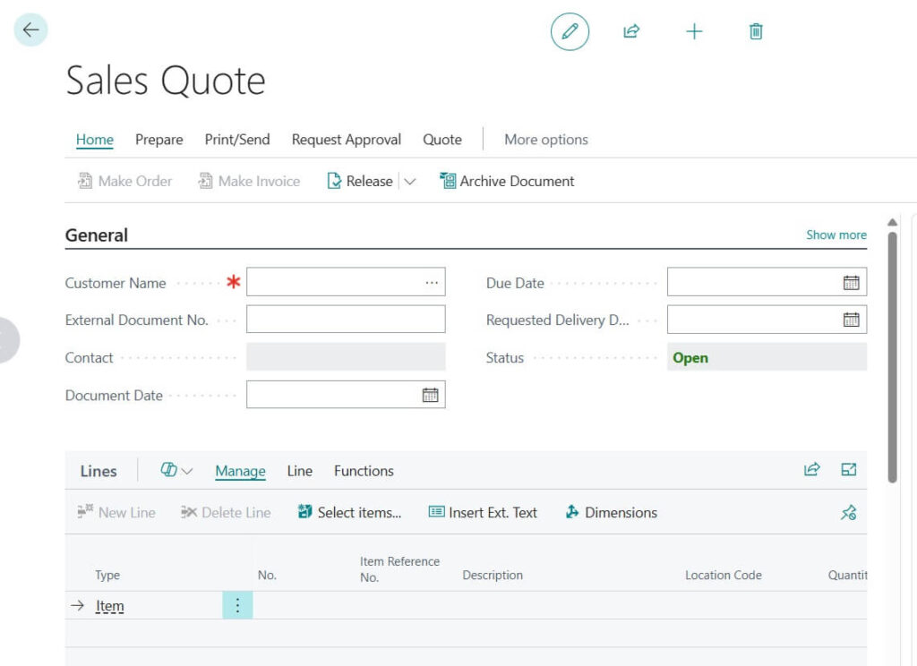 Sales Quote page before filling details