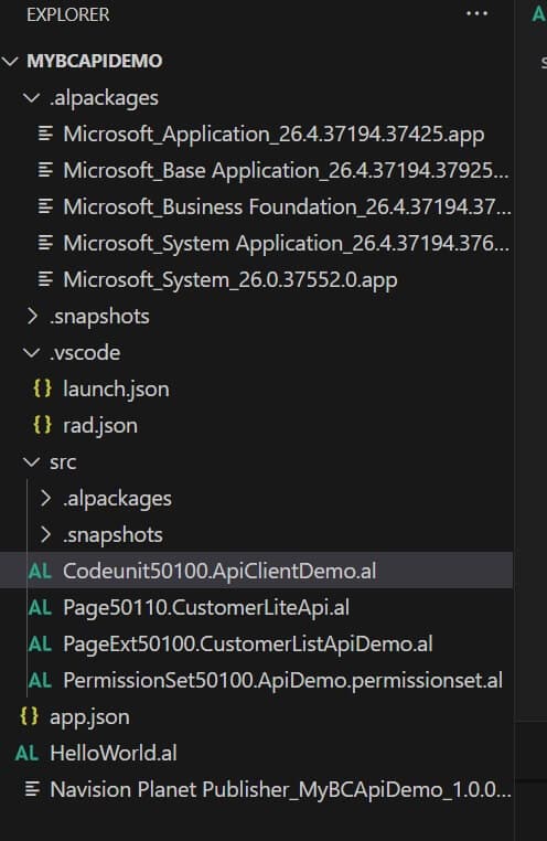 Sample API VS Code File Structure for Business Central AL program